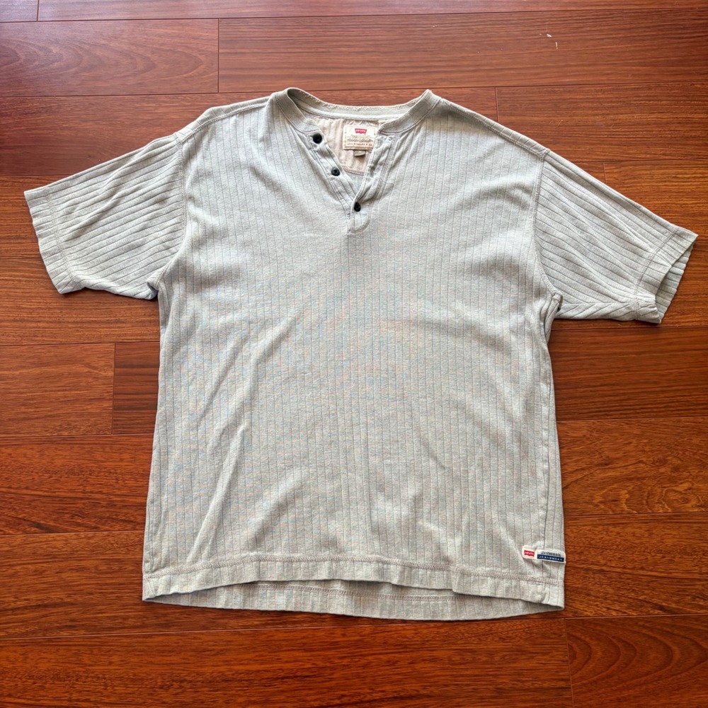 Vintage Levis Jeanswear Short Sleeve Ribbed Henley Shirt Grey Cotton Size M